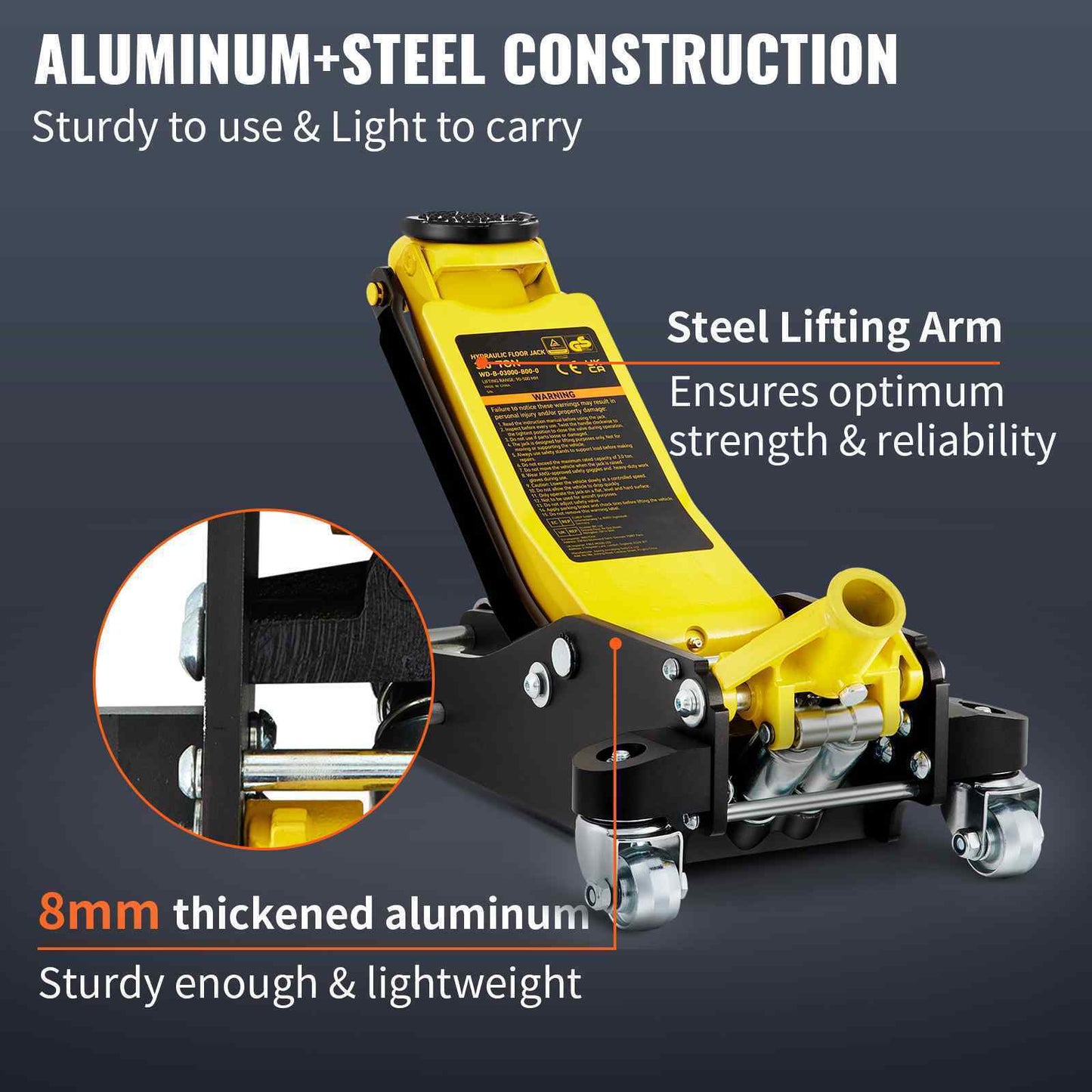 Quick Lift Pump Floor Jack Low Profile 3 Ton Steel Dual Pistons Aluminum