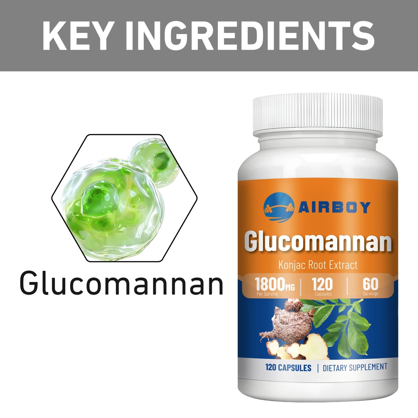 Glucomannan 1800mg - Natural Source of Fiber - Weight Management, Supports Regularity, Controls Appetite - 120 Capsules