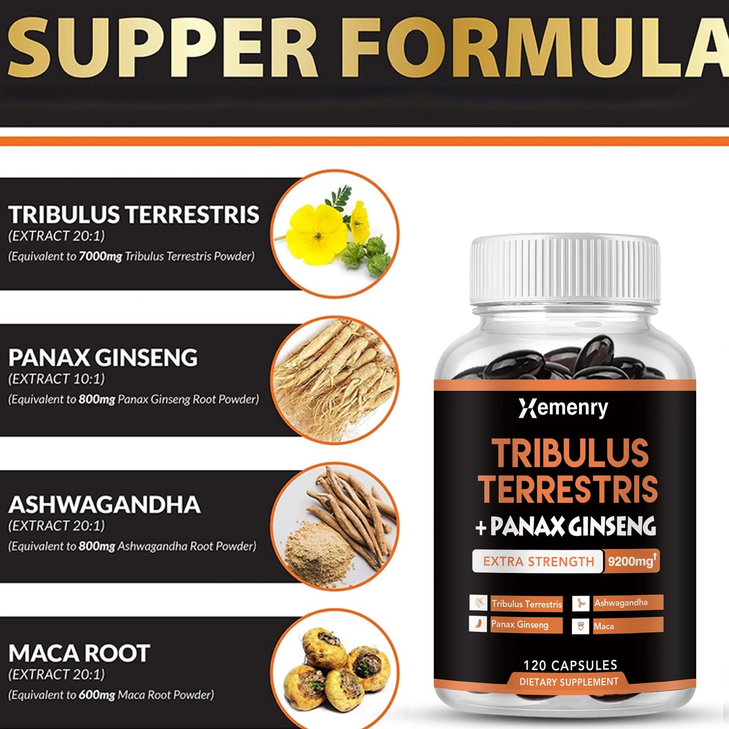 Tribulus Terrestris + Ginseng - Improves Strength, Endurance and Energy for Better Athletic Performance - 120 Capsules