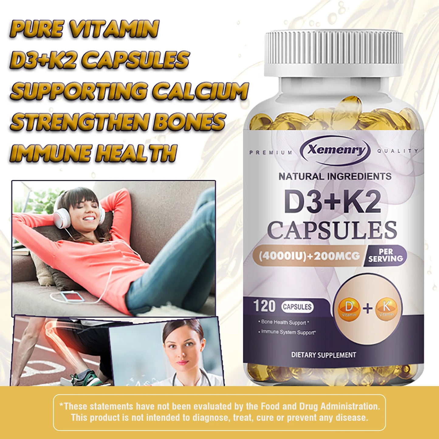 Vitamin D3 + K2 Supplement - Bone Regeneration, Immune Support, Promote Calcium Absorption - 120 Capsules