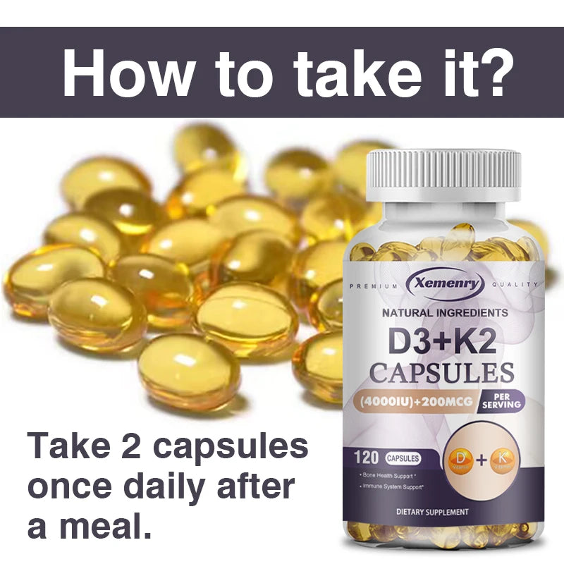 Vitamin D3 + K2 Supplement - Bone Regeneration, Immune Support, Promote Calcium Absorption - 120 Capsules