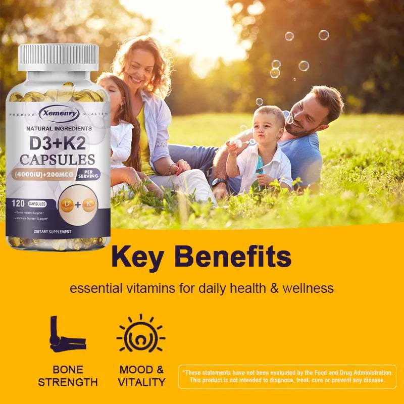 Vitamin D3 + K2 Supplement - Bone Regeneration, Immune Support, Promote Calcium Absorption - 120 Capsules