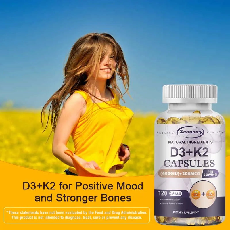 Vitamin D3 + K2 Supplement - Bone Regeneration, Immune Support, Promote Calcium Absorption - 120 Capsules