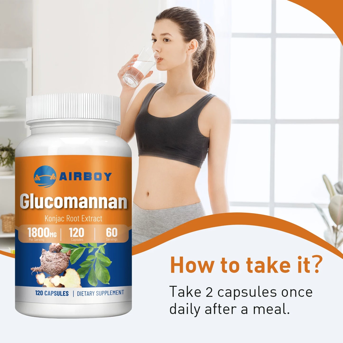 Glucomannan 1800mg - Natural Source of Fiber - Weight Management, Supports Regularity, Controls Appetite - 120 Capsules