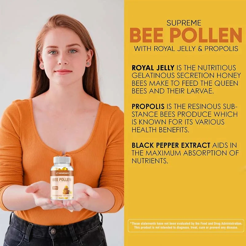 Bee Pollen Supplement - Enhance Immunity, Antioxidant, Relieve Joint Inflammation - 120 Capsules