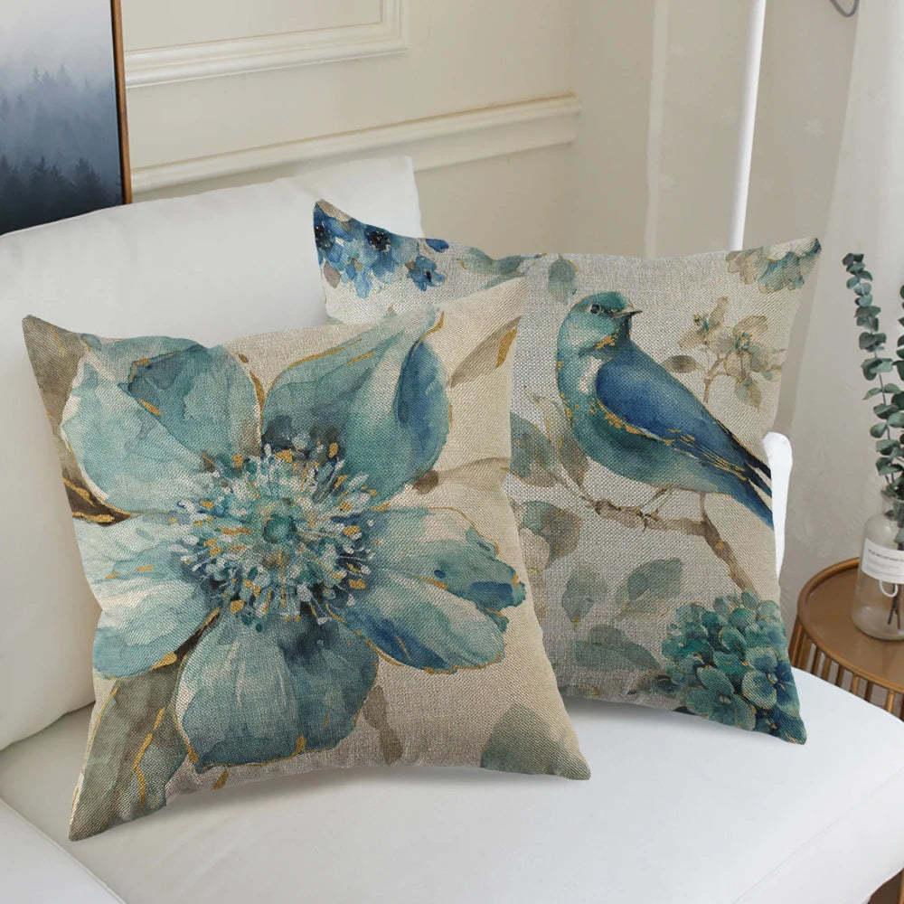 Car Sofa Cushion Pillow Pillowcase Square Pillow Pillowcase Blue Flower Printing Decoration Home Seat Pillowcase 45cm*45cm