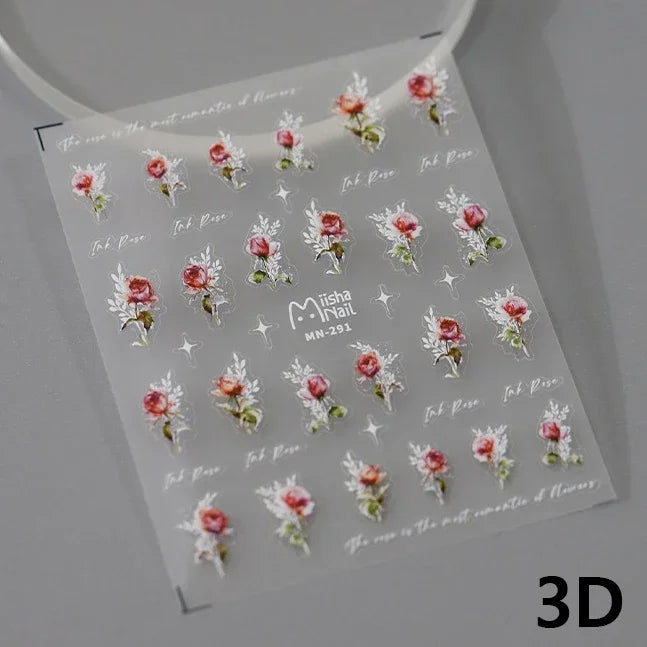 Gold Silver Pink Red Rose Flowers 3D Self Adhesive Nail Art Decorations Stickers High Quality Fashion Manicure Decals Wholesale