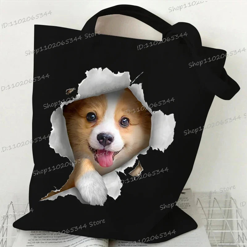 3D Animals Dog Print Shoulder Bag Women Men Cartoon Dog Tote Bags Student Casual Large-capacity Shopping Harajuku Canvas Handbag