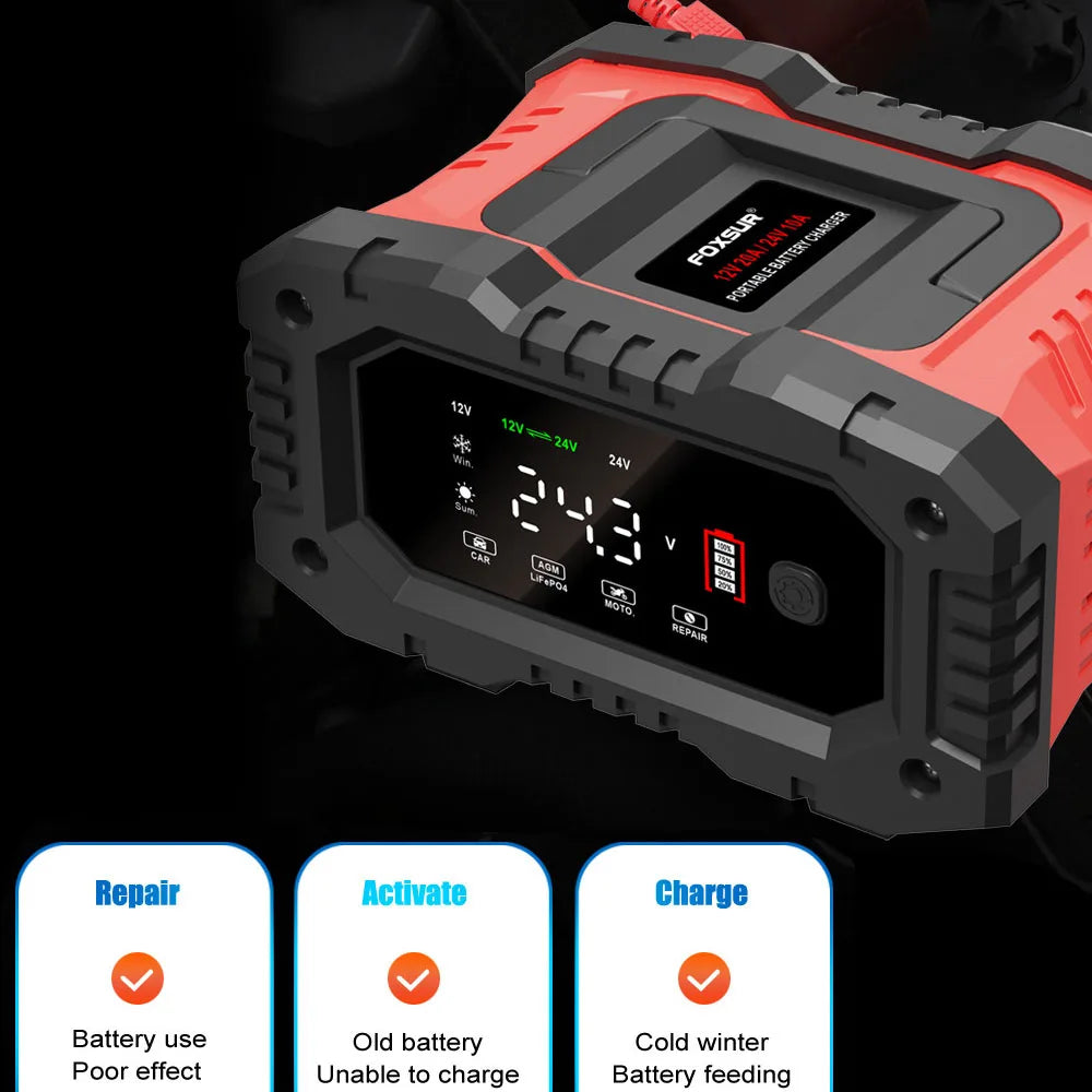 Car Motorcycle Battery Charger 20A/10A Smart Charger 12V/24V Lithium AGM GEL Lead-Acid LiFePO4 Battery Chargers Fully Automatic