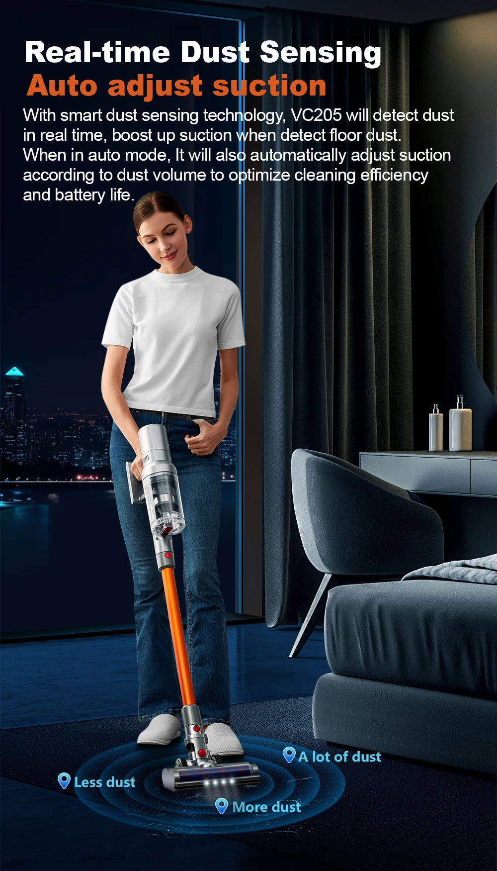 Wireless Handheld Vacuum Cleaner VC205,27000PA Suction,Smart Dust Sensor,Touch Screen,Portable Stick Cordless Vacuum for Home