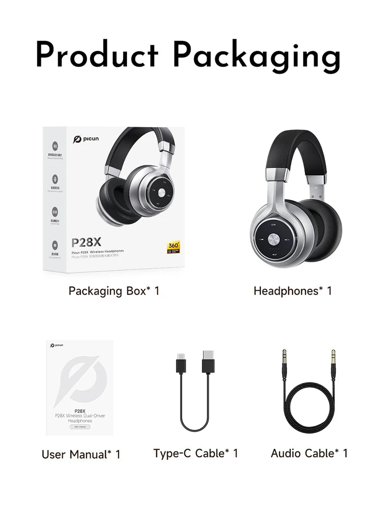 Picun P28X Wireless Headphones Bluetooth 5.3 Noise Reduction Headset Dual Drive Units Bass Over-Ear Headphones Classic Headset