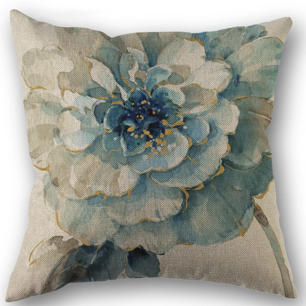 Car Sofa Cushion Pillow Pillowcase Square Pillow Pillowcase Blue Flower Printing Decoration Home Seat Pillowcase 45cm*45cm