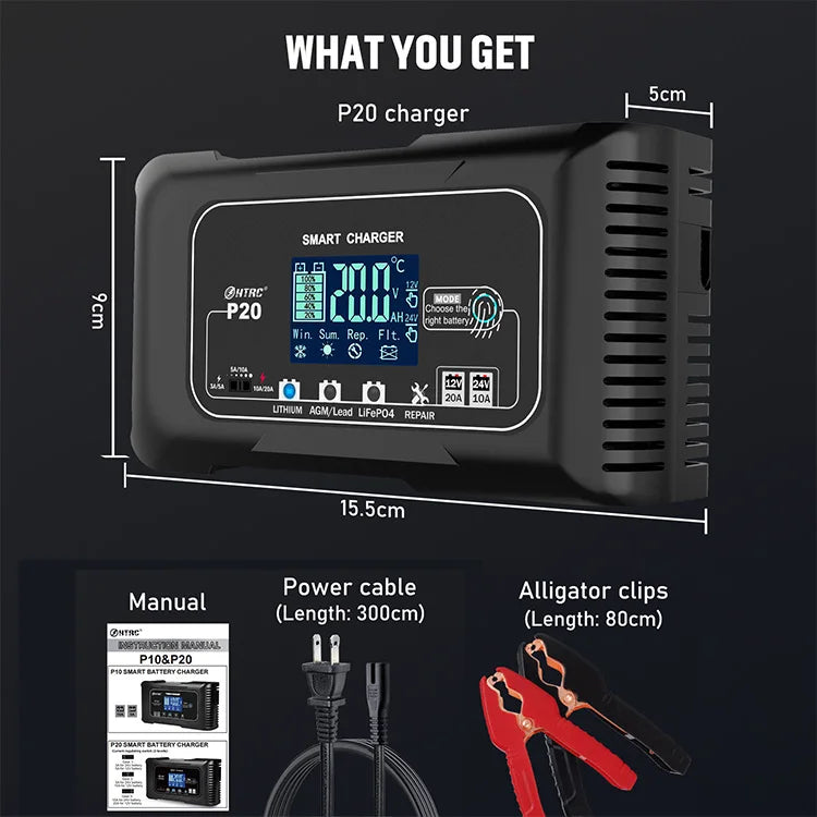 20A 12V/24V 10A Smart Battery Charger For Motorcycle Car Battery Repair Auto Moto Lead Acid AGM GEL Lithium LiFePo4