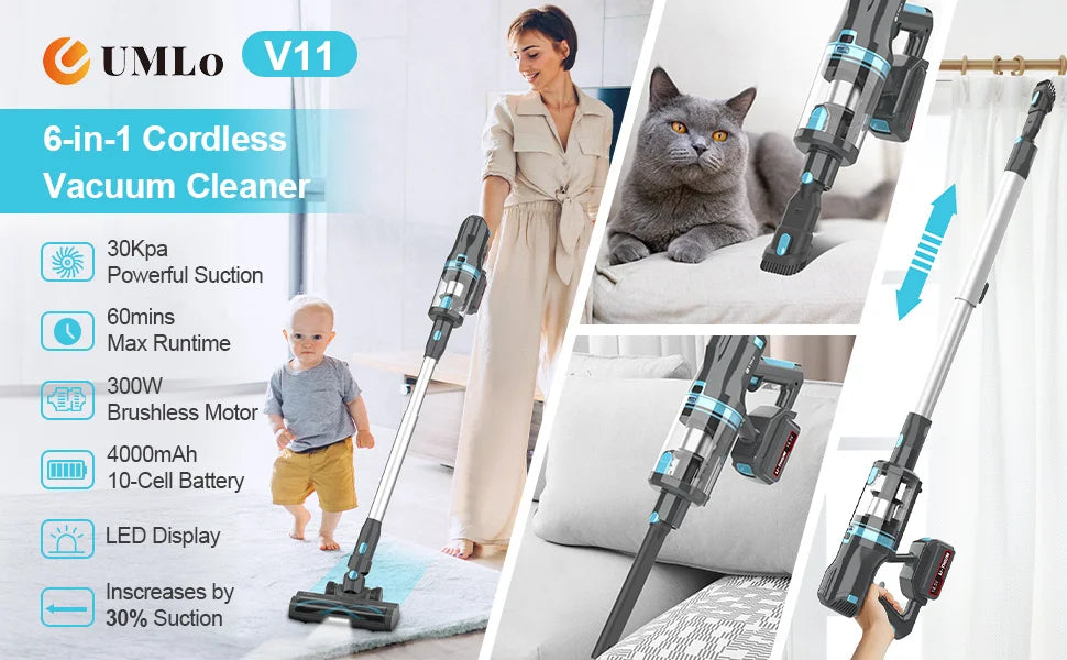 Cordless Vacuum Cleaner, 300W 30kPa Stick Vacuum with LED Display 4000mAh Battery, Powerful Vacuum Cleaner up to 60mins Runtime