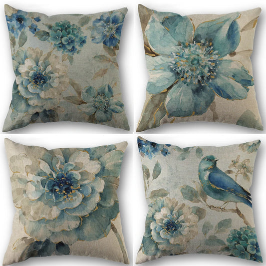 Car Sofa Cushion Pillow Pillowcase Square Pillow Pillowcase Blue Flower Printing Decoration Home Seat Pillowcase 45cm*45cm