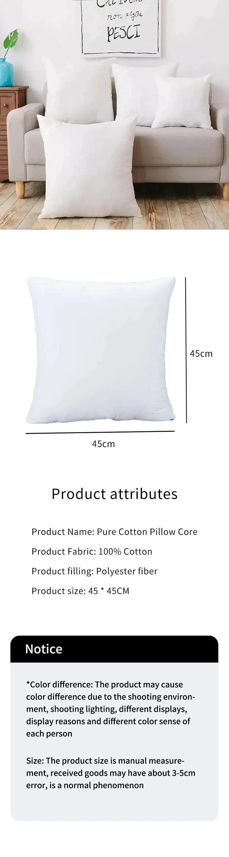 100%cotton Standard White Bounce Back Pillow Cushion Core Sofa Car Seat Home Interior Decor Pillows30x30/40x40/45x45/60x80cm