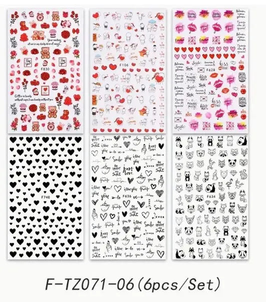 6PCS 3D Valentines Day Nail Art Sticker Lover Letter Cute Girl Cartoon Slider Full Wrap Stickers On Phone Nail Art Accessories