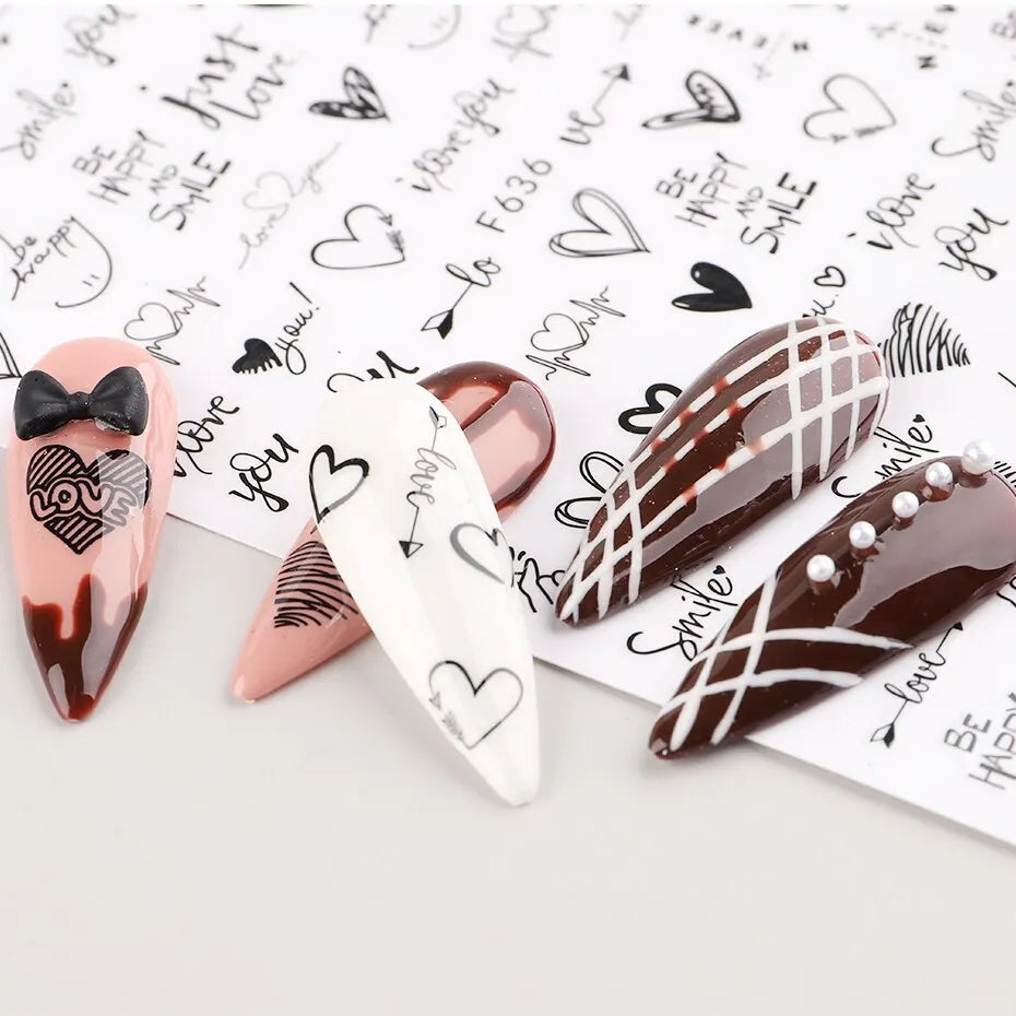 2pcs Heart Love Design 3D Nail Art Stickers English Letter Cool Girl Face Sliders Valentine Day Manicure