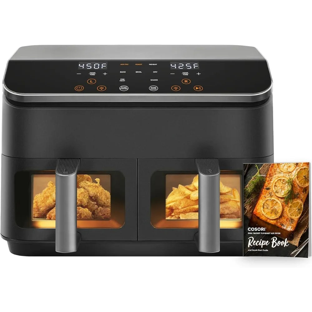 Double basket air fryer 9 quarts, large and wide double air fryer, 8-in-1, simultaneously cooking and completing home meals