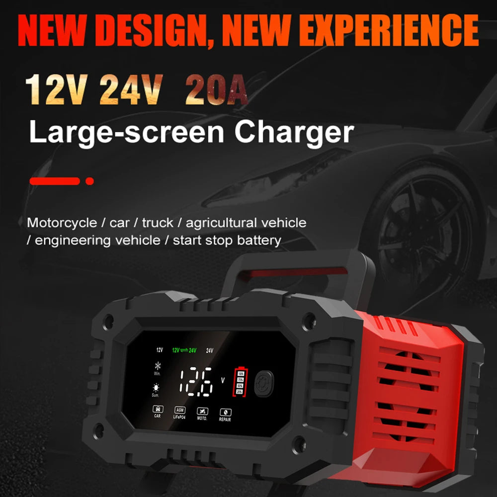 10A 20A Car Motorcycle Charger 12V/24V Auto Smart Charger Lithium AGM GEL Lead-Acid LiFePO4 Battery Charger for Car High Power