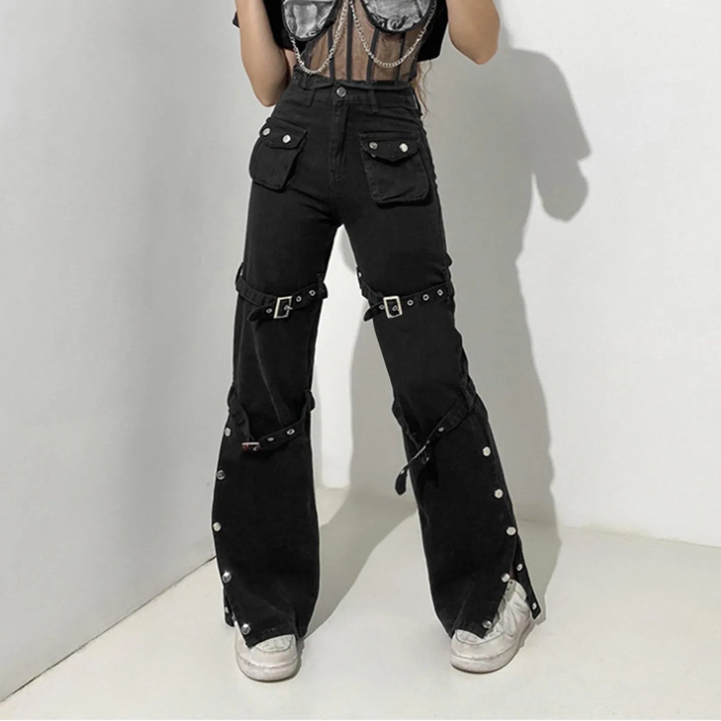 Streetwear Y2k Flared Jeans Women's Fashion Wide Straight Leg Punk Cargo Jean Baggy Pants Goth Trousers Streetwear With Pockets