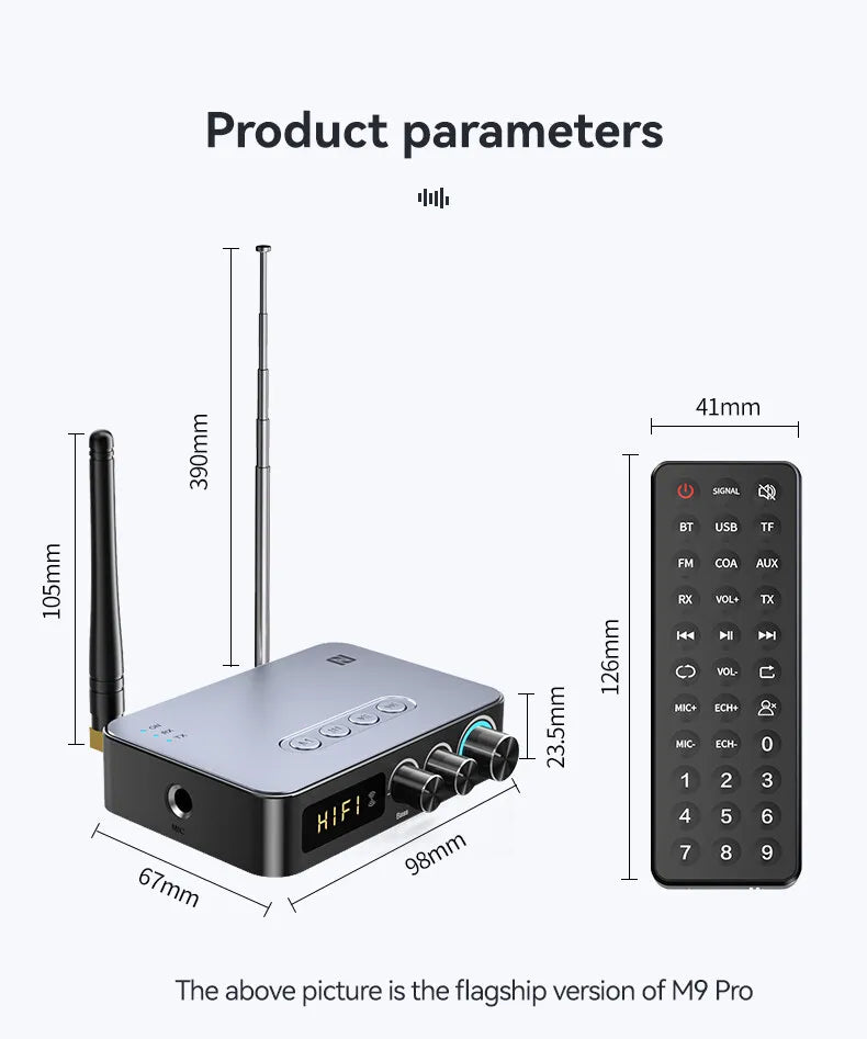 M9Pro Bluetooth Audio Receiver Transmitter DSP Wireless Adapter NFC/RCA/3.5mm AUX/TF/USB U-Disk/6.5 Mic Karaoke/Coaxial/FM Radio