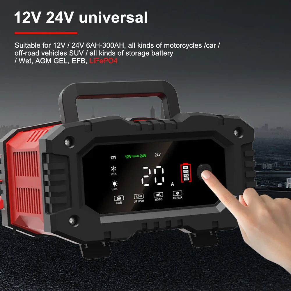 Car Accessories 12V/24V Car Motorcycle Battery Charger Lithium AGM GEL Lead-Acid LiFePO4 Battery Chargers 20A/10A Smart Charger