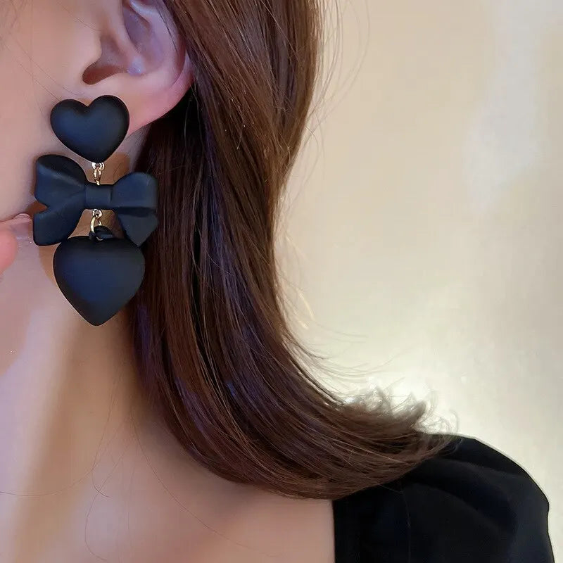 Retro Black Heart Earrings For Women Bowknot Love Drop Earrings Vintage Female Party Ear Jewelry Valentine Day Gifts Wholesale