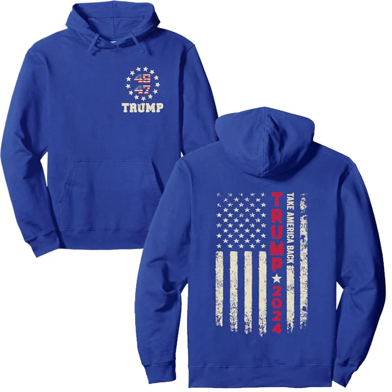 Trump 2024 US Flag Take America Back Trump Flag 45 47 Pullover Hoodie Coat Men Clothing Fashion MAGA Campaign Hooded Sweatshirt