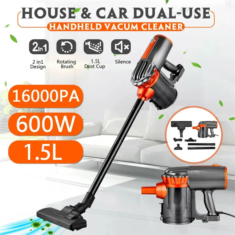 600W Corded Vacuum Cleaner Household Handheld Multifunction 2-in-1 Strong Suction Vacuum Cleaner 16KPa Dust Collector Aspirator