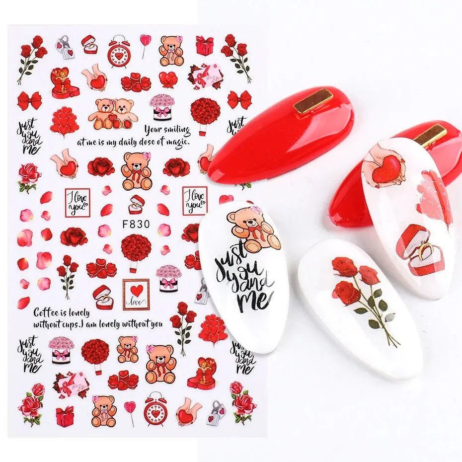 6PCS 3D Valentines Day Nail Art Sticker Lover Letter Cute Girl Cartoon Slider Full Wrap Stickers On Phone Nail Art Accessories