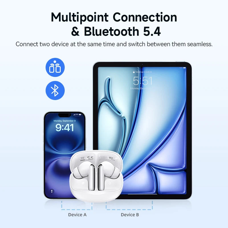 QCY Melobuds N50 Wireless Earphones ANC 6 Mics AI Call Earbuds Bluetooth 5.4 Dual Connection Headphone Transparent Mode