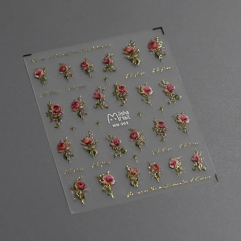 Gold Silver Pink Red Rose Flowers 3D Self Adhesive Nail Art Decorations Stickers High Quality Fashion Manicure Decals Wholesale