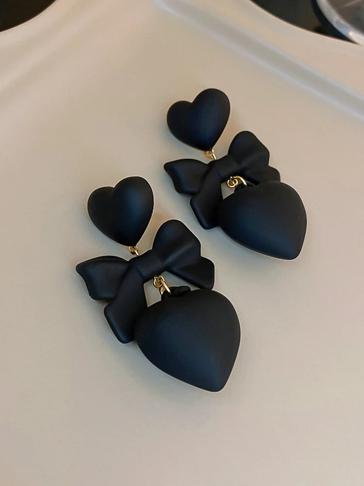 Retro Black Heart Earrings For Women Bowknot Love Drop Earrings Vintage Female Party Ear Jewelry Valentine Day Gifts Wholesale