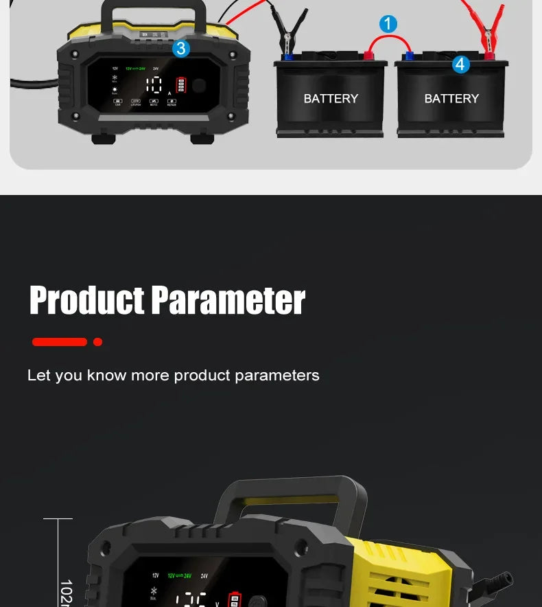 FOXSUR Car Motorcycle Battery Charger 20A 10A 12V/24V Smart Charger Lithium AGM GEL Lead-Acid LiFePO4 Battery Chargers