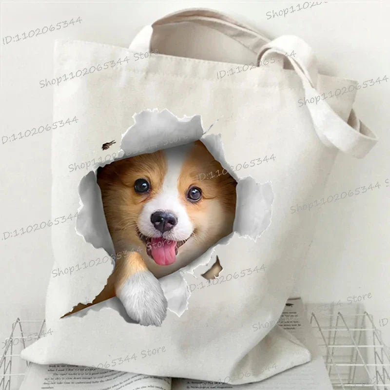 3D Animals Dog Print Shoulder Bag Women Men Cartoon Dog Tote Bags Student Casual Large-capacity Shopping Harajuku Canvas Handbag