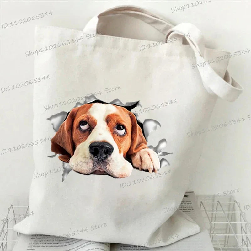 3D Animals Dog Print Shoulder Bag Women Men Cartoon Dog Tote Bags Student Casual Large-capacity Shopping Harajuku Canvas Handbag