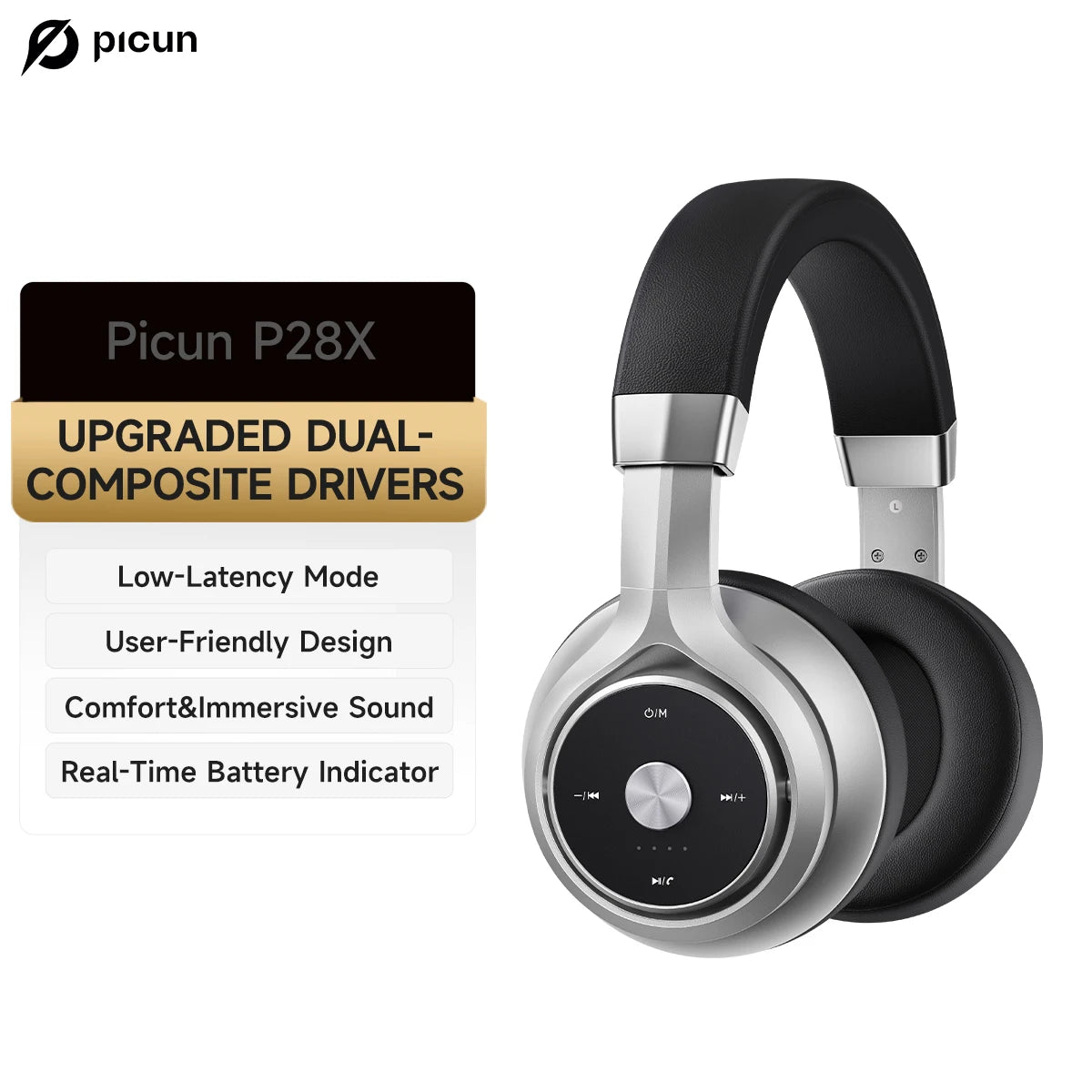 Picun P28X Wireless Headphones Bluetooth 5.3 Noise Reduction Headset Dual Drive Units Bass Over-Ear Headphones Classic Headset