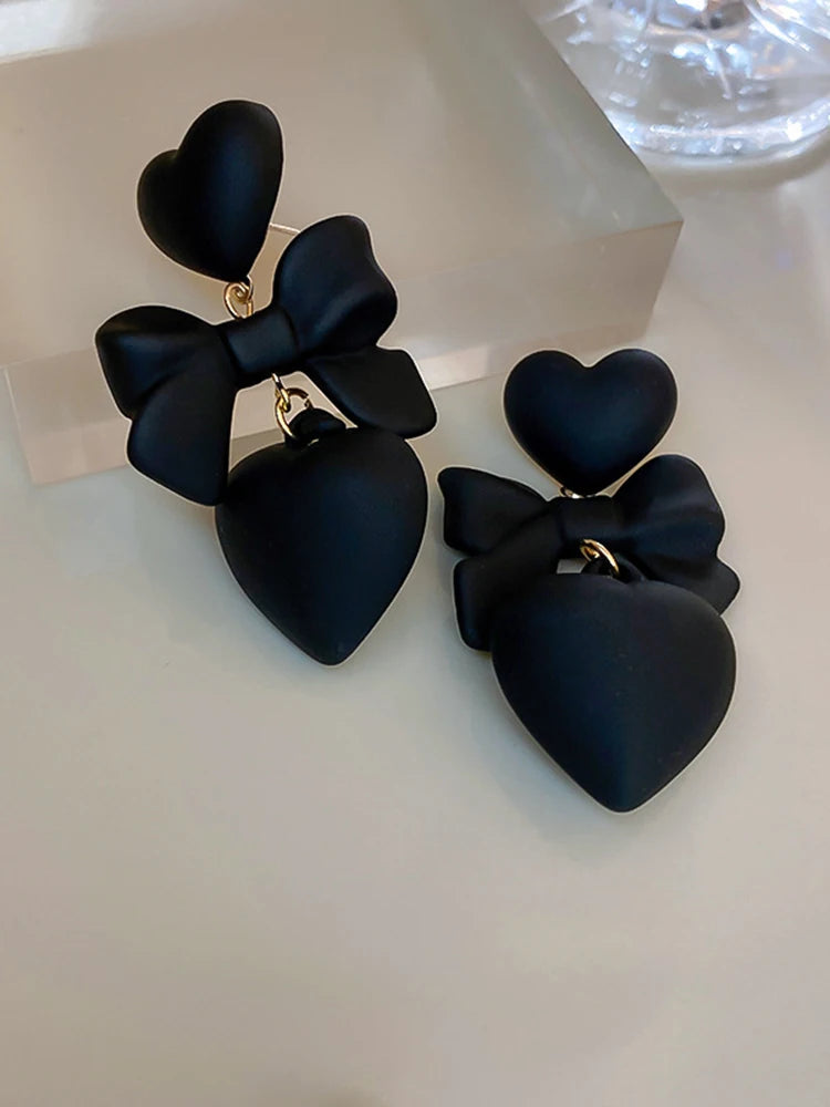 Retro Black Heart Earrings For Women Bowknot Love Drop Earrings Vintage Female Party Ear Jewelry Valentine Day Gifts Wholesale