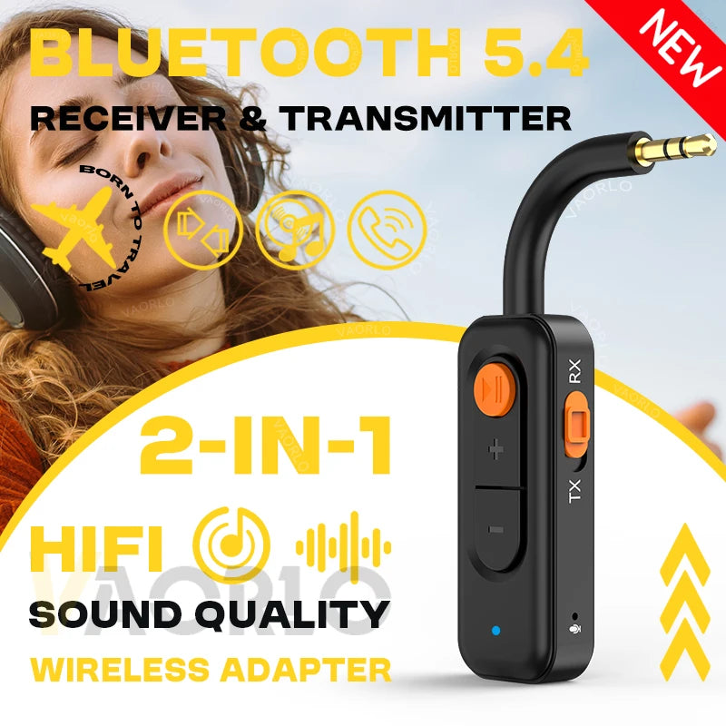 Bluetooth 5.4 Audio Transmitter Receiver 3.5MM AUX Hifi Stereo Music Wireless Adapter With Mic For Car Airplane TV PC Headphone