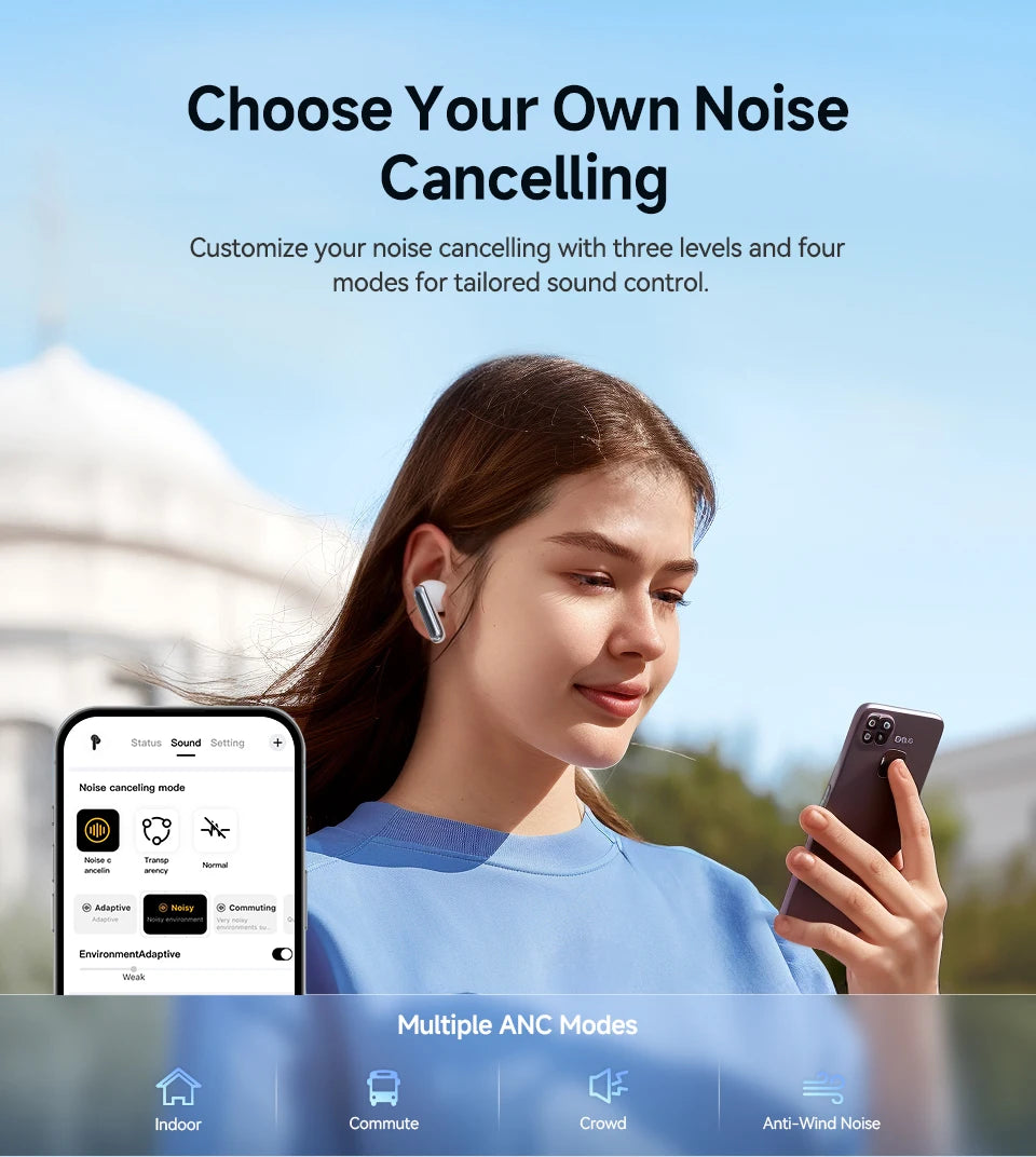 QCY Melobuds N50 Wireless Earphones ANC 6 Mics AI Call Earbuds Bluetooth 5.4 Dual Connection Headphone Transparent Mode