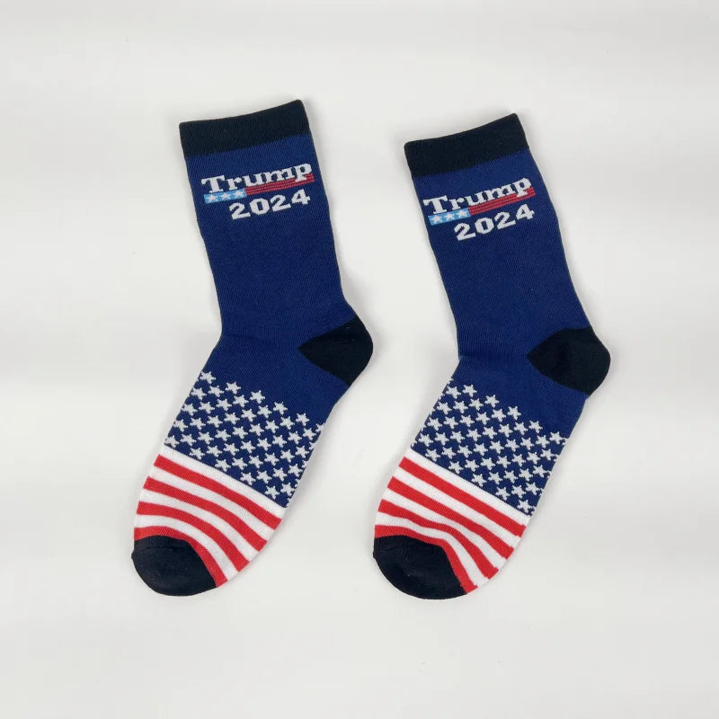 A Pair Of 2024 Trump Trend Star and Stripes Patterned Mens Mid-Tube Socks ,Comfortable,  Soft Cotton Blend Fabric,  Alphabetic P