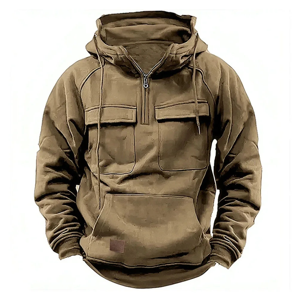 Half Zipper Men's Tactical Hoodies Solid Warm Fleece Military Sweatshirts Multi Pockets Male Hooded Jackets Thick Outdoor Polar