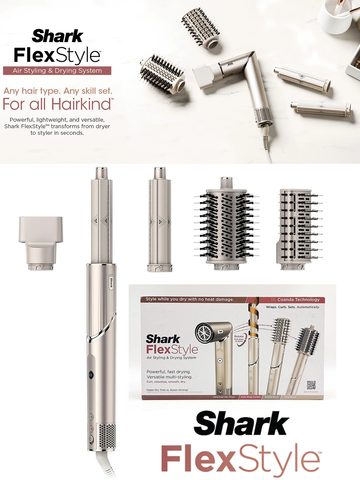 Shark HD430 FlexStyle Negative Ion Hair Dryer&Airwrap,Powerful Hair Dryer Brush & Multi-Styler with Auto-Wrap Curlers