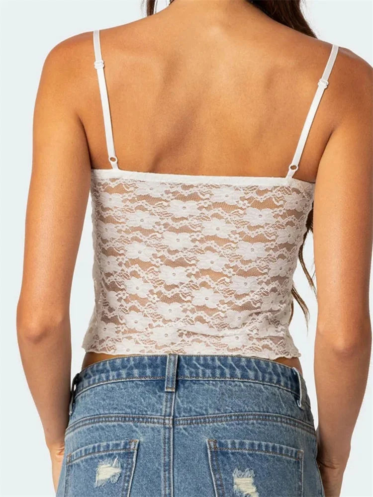 CHRONSTYLE Women Floral Lace Crop Camis Tops Summer Backless Spaghetti Strap Tank  Sleeveless Mini Vest for Streetwear Clubwear