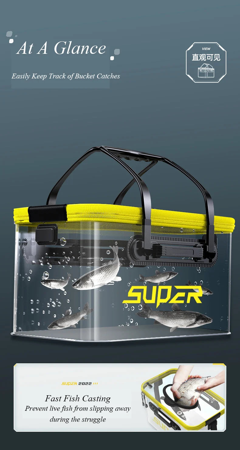 Live Bait Bucket with Aeration Hole Oxygen Pump Transparent Lid Fishing Bucket Portable Foldable Fishing Bucket Outdoor Camping