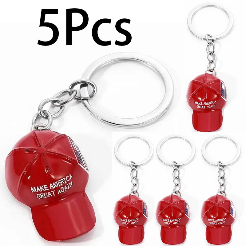 5Pcs Red Baseball Cap Keychain USA Flag Key Ring American Hat Keychain For Car And Keys Trump MAGA Hat Keyrings