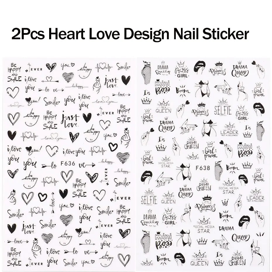 2pcs Heart Love Design 3D Nail Art Stickers English Letter Cool Girl Face Sliders Valentine Day Manicure