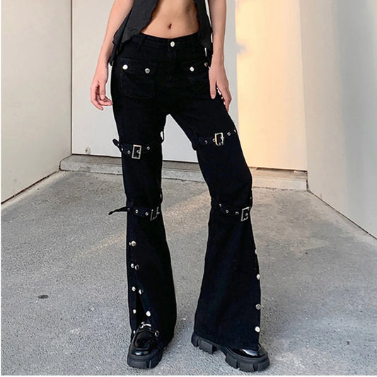 Streetwear Y2k Flared Jeans Women's Fashion Wide Straight Leg Punk Cargo Jean Baggy Pants Goth Trousers Streetwear With Pockets