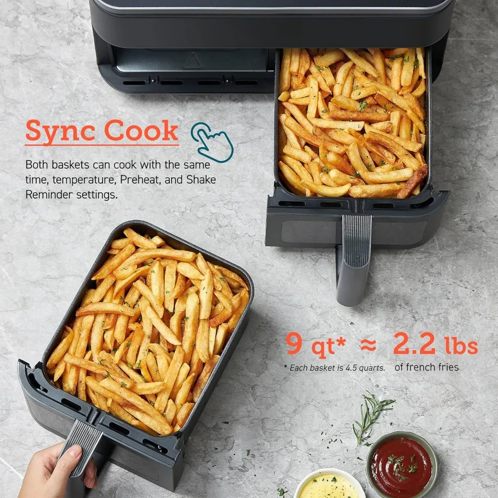 Double basket air fryer 9 quarts, large and wide double air fryer, 8-in-1, simultaneously cooking and completing home meals